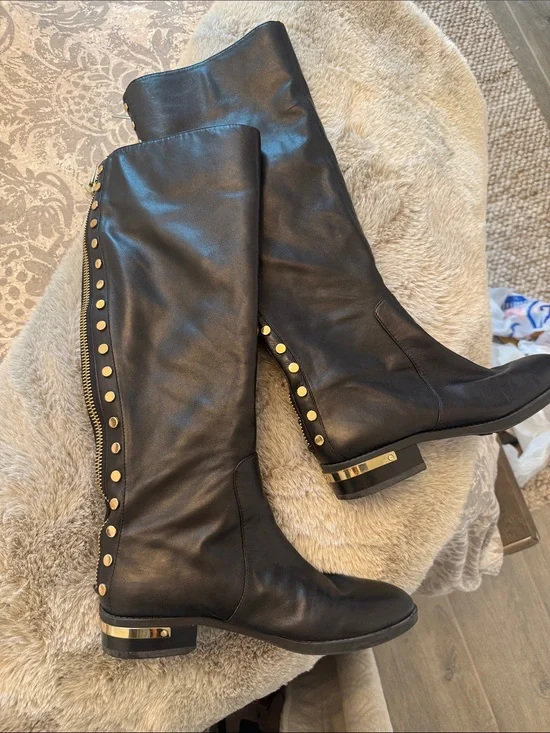 Vince Camuto Black leather boots with gold studs  Women's Parshell...