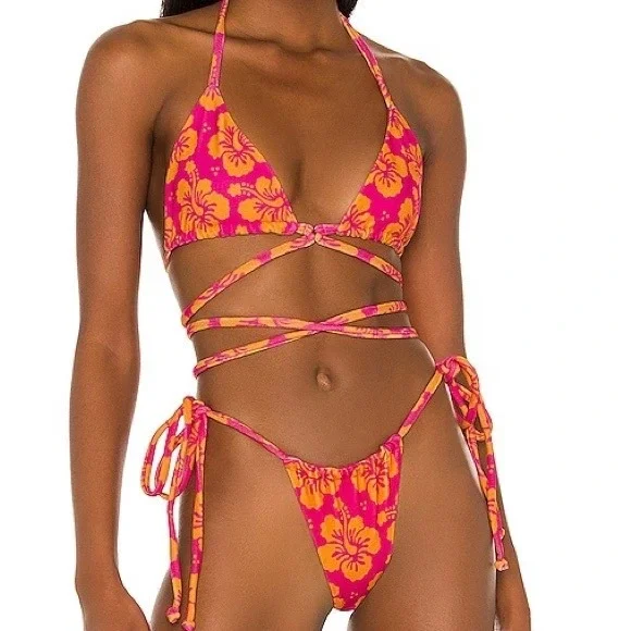 Frankie's Bikinis Women Tatum Terry Hibiscus Honey Floral Wrap Bikini Set Size M