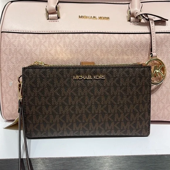 MICHAEL KORS LARGE DOUBLE ZIP WRISTLET PHONEHOLDER WALLET CLUTCH  Brown