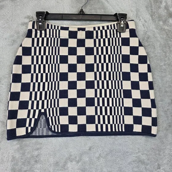 Urban Outfitters Skirt Womens Small Blue Check Knit Mini Elastic Waist Slit