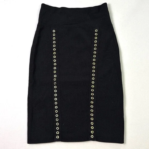 Rock & Republic Black Grommet Bandage Pencil Skirt Gold Eyelet XS High Waist