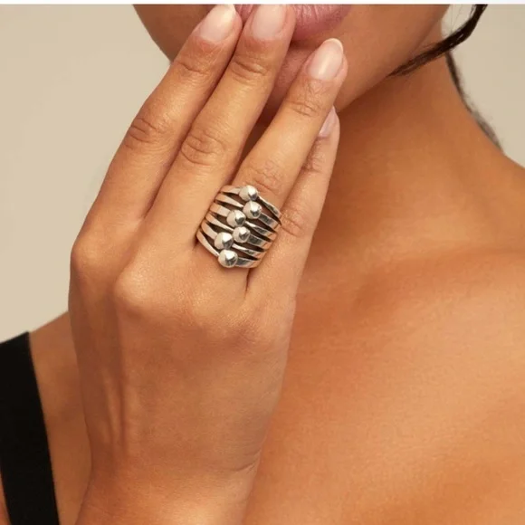 Silver-plated multi effect ring with nail heads details