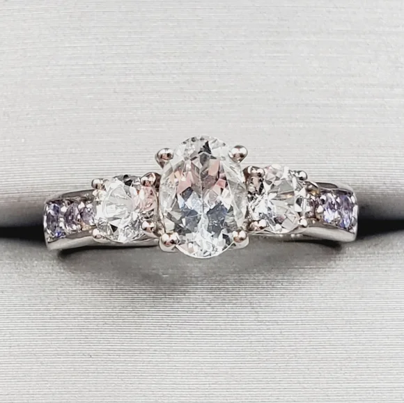 Oval Three Stone Goshenite & Tanzanite 925 Sterling Silver Ring