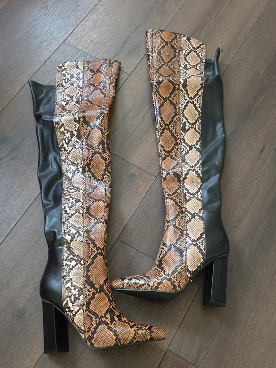 Akira Over-the-Knee Snake Print and Black Block Heel Boots NWT