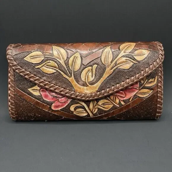 Vintage Hand Made Carved Leather Red Brown Tree Flower Floral Wallet Card Holder