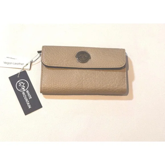 White Mountain Wallet Women OS Taupe Vegan Leather Trifold Snap Clutch NWT