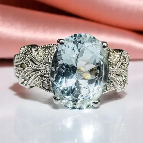 10K White Gold -Art Deco -Aquamarine & Diamond Ring -Sz 7- Filigree Ring- 2.8g
