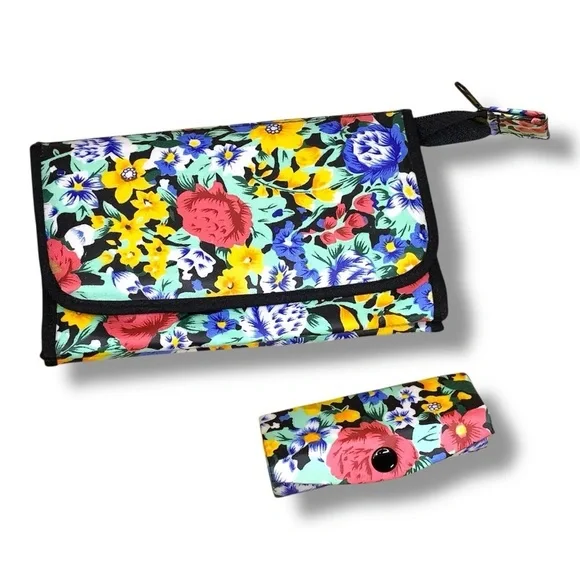 Cosmetic Bag And Lipstick Case Set Of 2 Gift Makeup Colorful Floral Blue Yellow