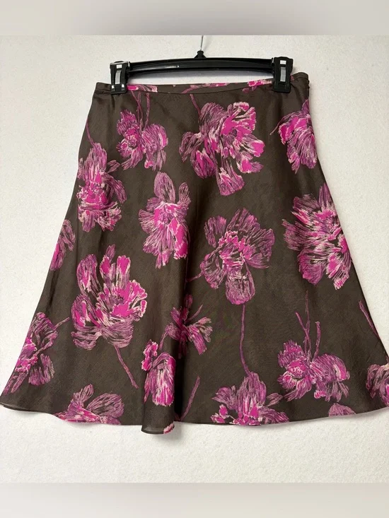 Ann Taylor Petites 100% Silk Floral  A-Line Skirt Brown Pink Lined  Size 2P