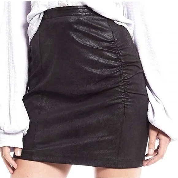 Free People Black Faux Leather Ruched Mini Skirt
