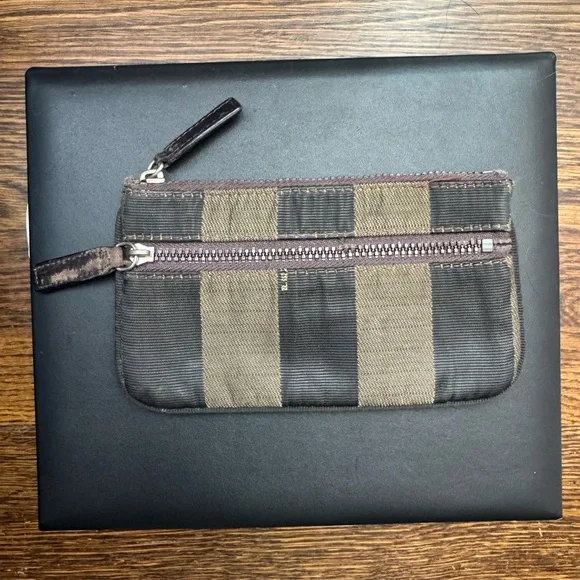 Fendi Pequin Black and Brown Striped Wallet Card Case Coin Case