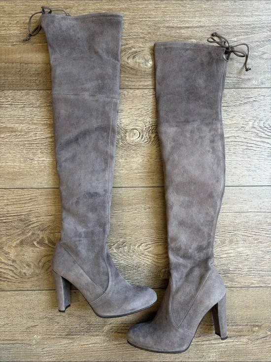 Stuart Weitzman Highland Over the Knee Grey Suede Block Heel Boots Back Lace-up