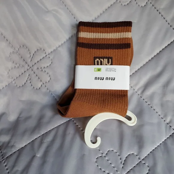 Miu Miu Crew Brown Beige Striped Womens Size 7-10 Socks