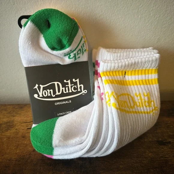 Von Dutch 3-Pack Tall Crew Socks White w/ Green, Yellow, Pink Stripes & Logo NWT