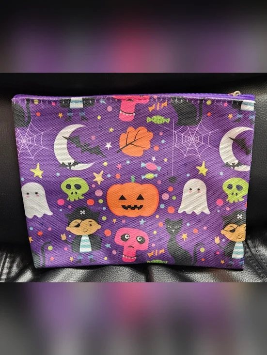 Halloween Print Cosmetic Pouch - Purple with Orange Pumpkin