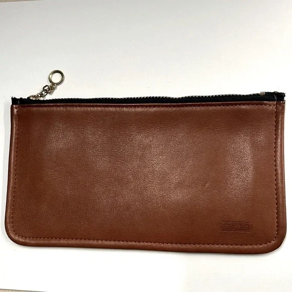 Coach British Tan Leather 7.25” x 3.75” Zip Top Stripe Cotton Lined Clutch Bag