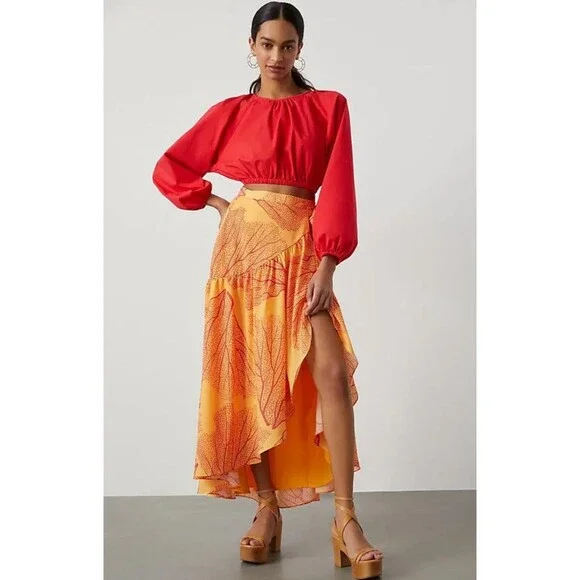 Anthropologie Hutch Skirt Wrap Maxi Orange Floral Preppy Vacay Boho Size XL NWT