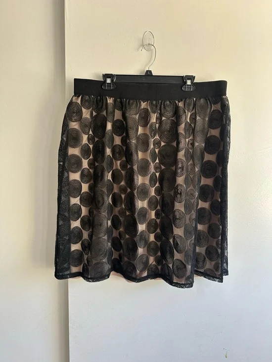 Lane Bryant Black Sheer Polka-Dot Overlay Midi Skirt with Nude Lining