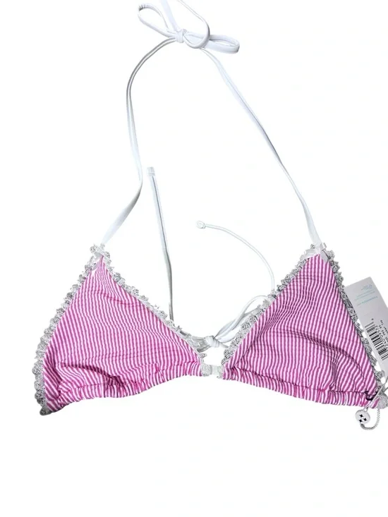 New Frankies Bikinis Pink Seersucker Triangle Bikini Top with White Ruffle‎ Trim