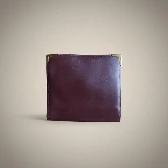 Vintage Burgundy Leather Wallet Brass Corner Guards Coin Purse ID Window