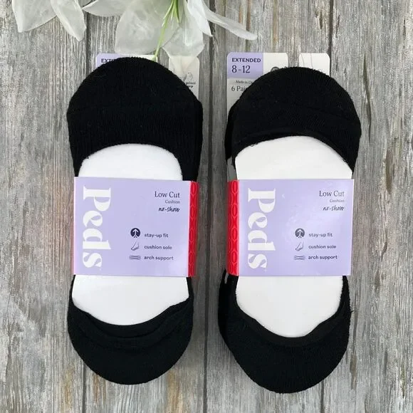 PEDS Low Cut Cushion Liner Socks Black 2, 6-Packs Size 8-12