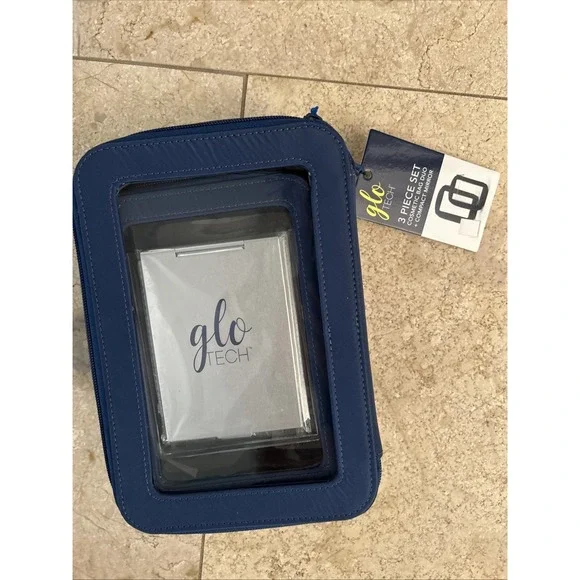 Glo Tech 3 Piece Set Cosmetic Bag Duo Compact Mirror Travel Organizer Navy Blue