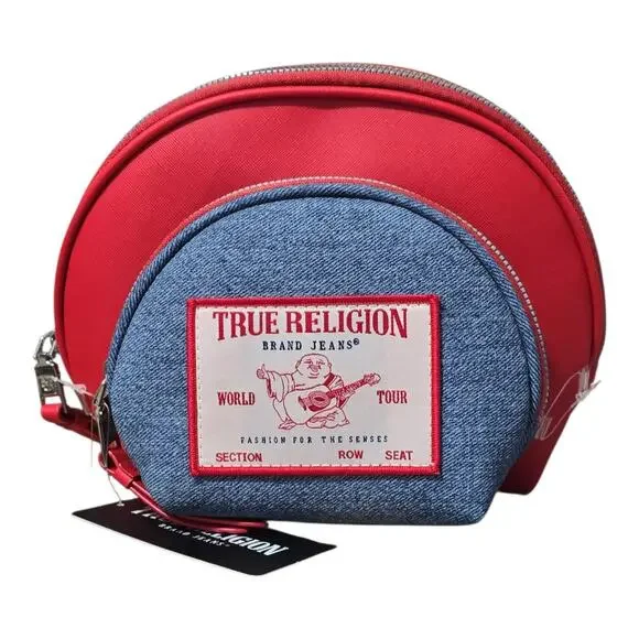 True Religion 2 Piece Cosmetic Bag Set Red Blue Denim Logo Pouch Makeup Case NWT