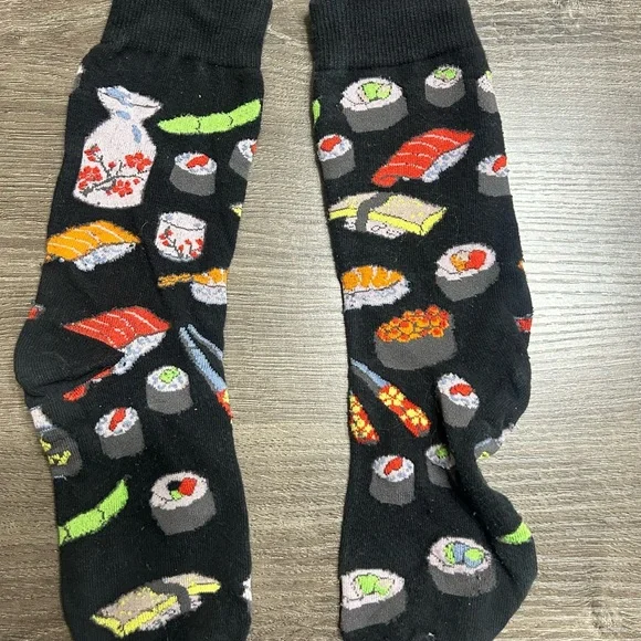 Sushi Patterned Fun Black Socks One Size Fish Foodie Chopstick Funny Silly Ankle