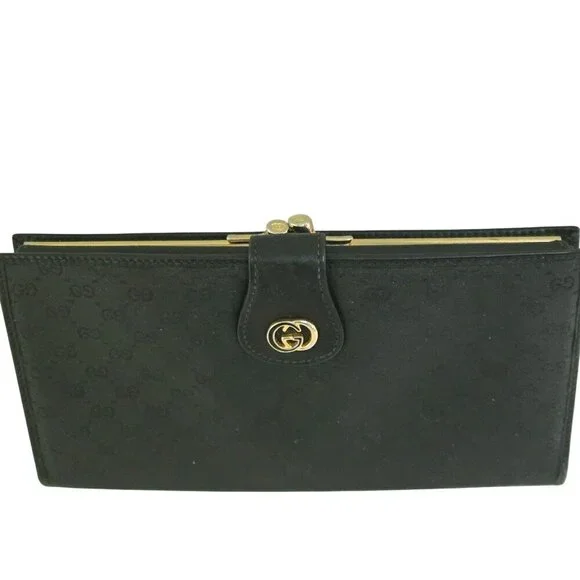 Gucci Vintage Black Coated Long Wallet Logo Kisslock Snap Trifold 035-001-0264