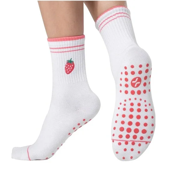 Coolmate‎ Strawberry Embroidered Yoga Pilates Grip Socks White Pink OS 6-10