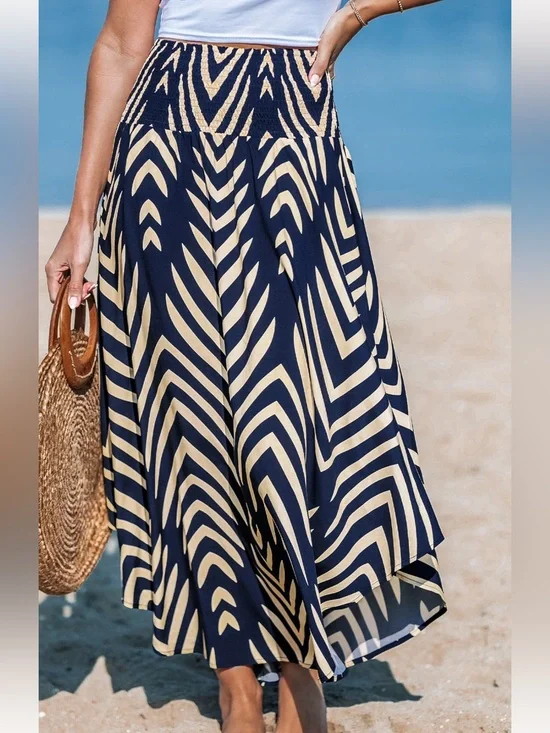 Cupshe Women's Navy Abstract Smocked Waist Midi Skirt size xl asymmetrical he
