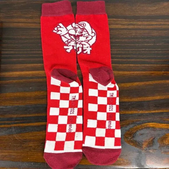Nintendo Super Mario Red Checkered Socks White Logo Video Game