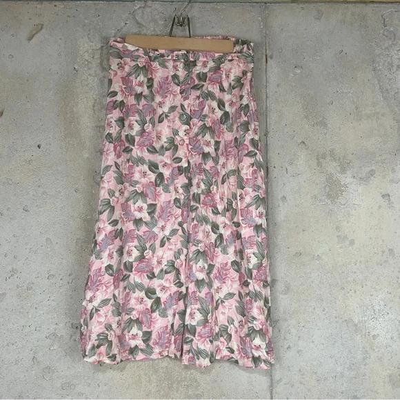 Vintage Pink green White floral button up belted Midi Skirt medium