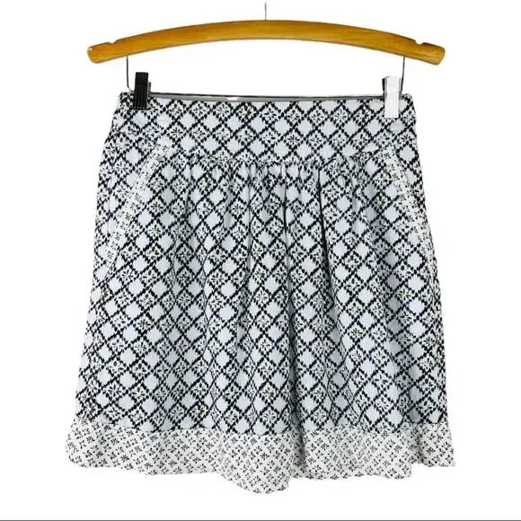 Loft blue cream gold linen boho geometric knee length skirt 2