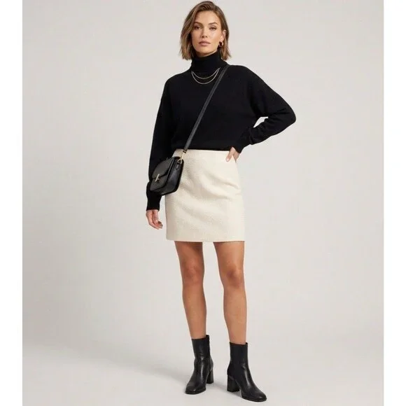 White House Black Market White Textured Pencil Skirt With Black Top Trim Size 6