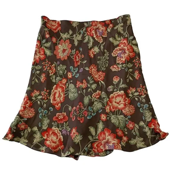 Jones New York Signature Silk Skirt Brown Floral 14 Bloomcore Romantic Feminine
