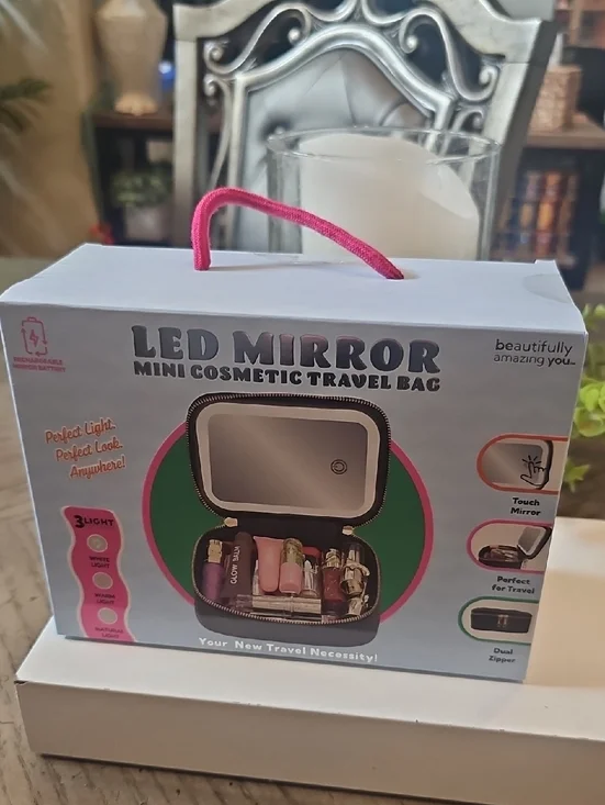 LED Mirror Mini Cosmetic Travel Bag - Light Blue with Pink Handle