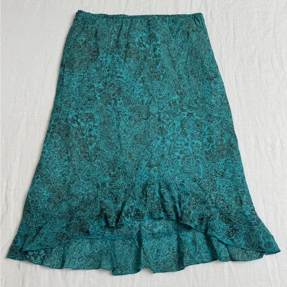 Vintage Y2K 90’s Asymmetrical Ruffle Hem Lapis Blue Floral Print Skirt Size M