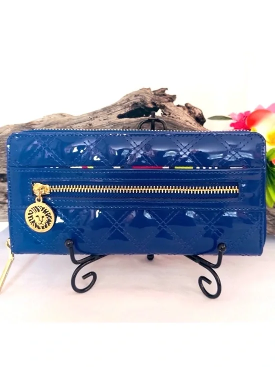 ANNE KLEIN ~ Long Blue Patent Quilted Puffer Leather Wallet w/Gold Hardware
