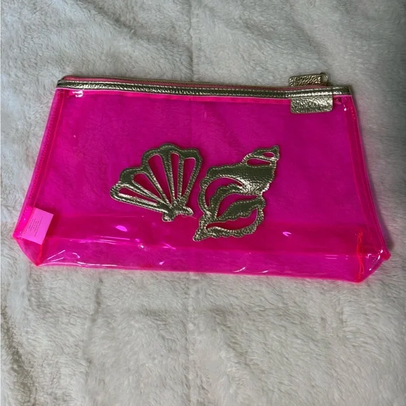Lilly Pulitzer Neon Pink PVC Cosmetic Sheer Stadium Beach Travel Bag Gold Shells