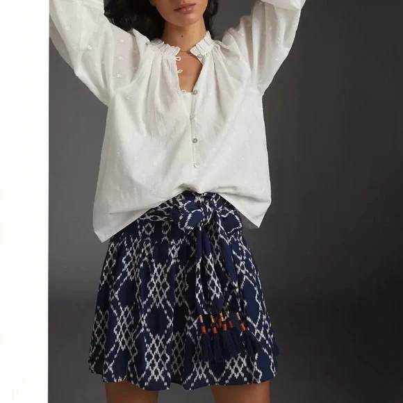Anthropologie Rimbaud Tie-Waist Flouncy Skirt Navy 100% Cotton Lined size Medium