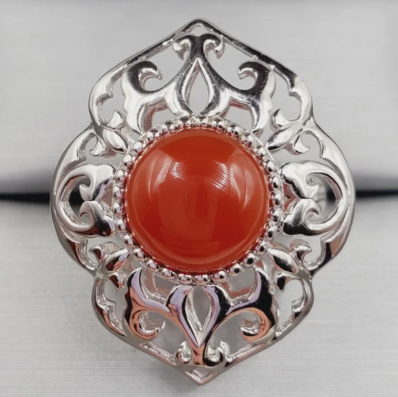 Intricate Red Carnelian and 925 Sterling Silver Filigree Ring