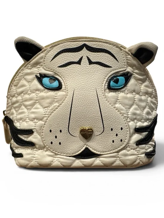 Betsey Johnson Cream Quilted Tiger Face Cosmetic Bag with Blue Eyes