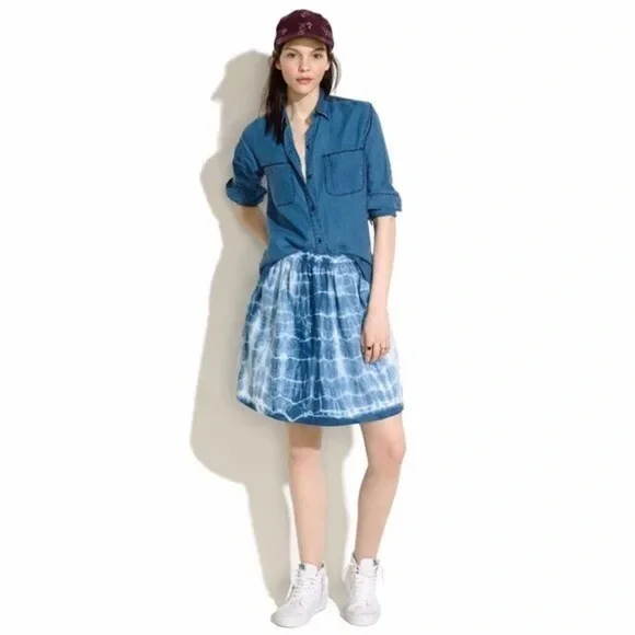 Madewell linen 6 Indigo Shibori‎ blue Tie Dye Skirt Lined