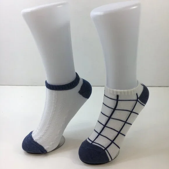 Womens Cable Knit & Plaid Ankle Socks 2 Pack No Show Blue White