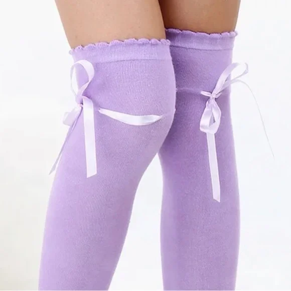 Over the Knee Socks with Ribbon Bow - lilac