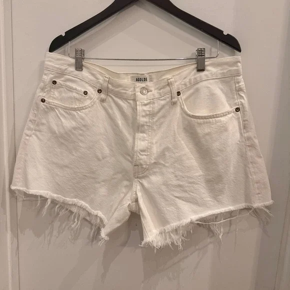 AGOLDE Parker Long Denim Shorts 32 White Frayed Hem Summer Minimalist