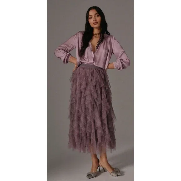 Anthropologie Midi Skirt Purple Cheri Ruffle Tulle Elastic Waist Preppy Sz L New