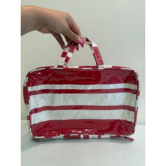 Red White Striped Cosmetic Travel Bag Glossy Patent Organizer Case Zippered
