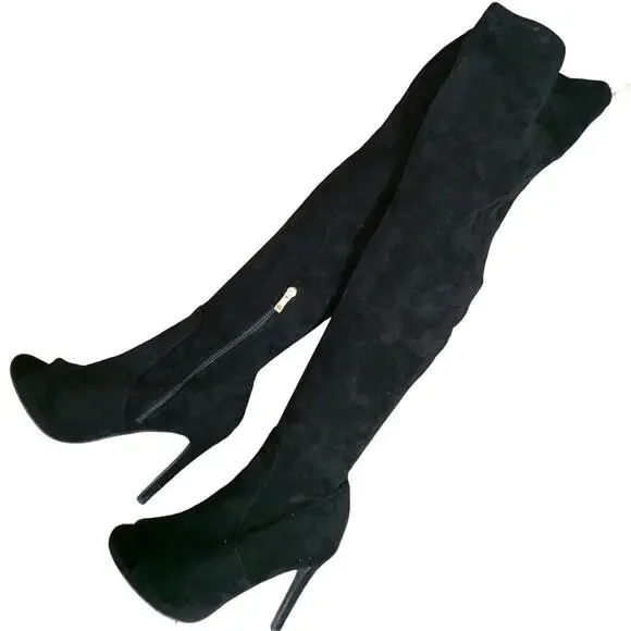 NWOT-1 SHOW! HOT TOMATO! BLACK VEGAN SUEDE  PEEP TOE OVER THE KNEE BOOTS!SZ 7.5M
